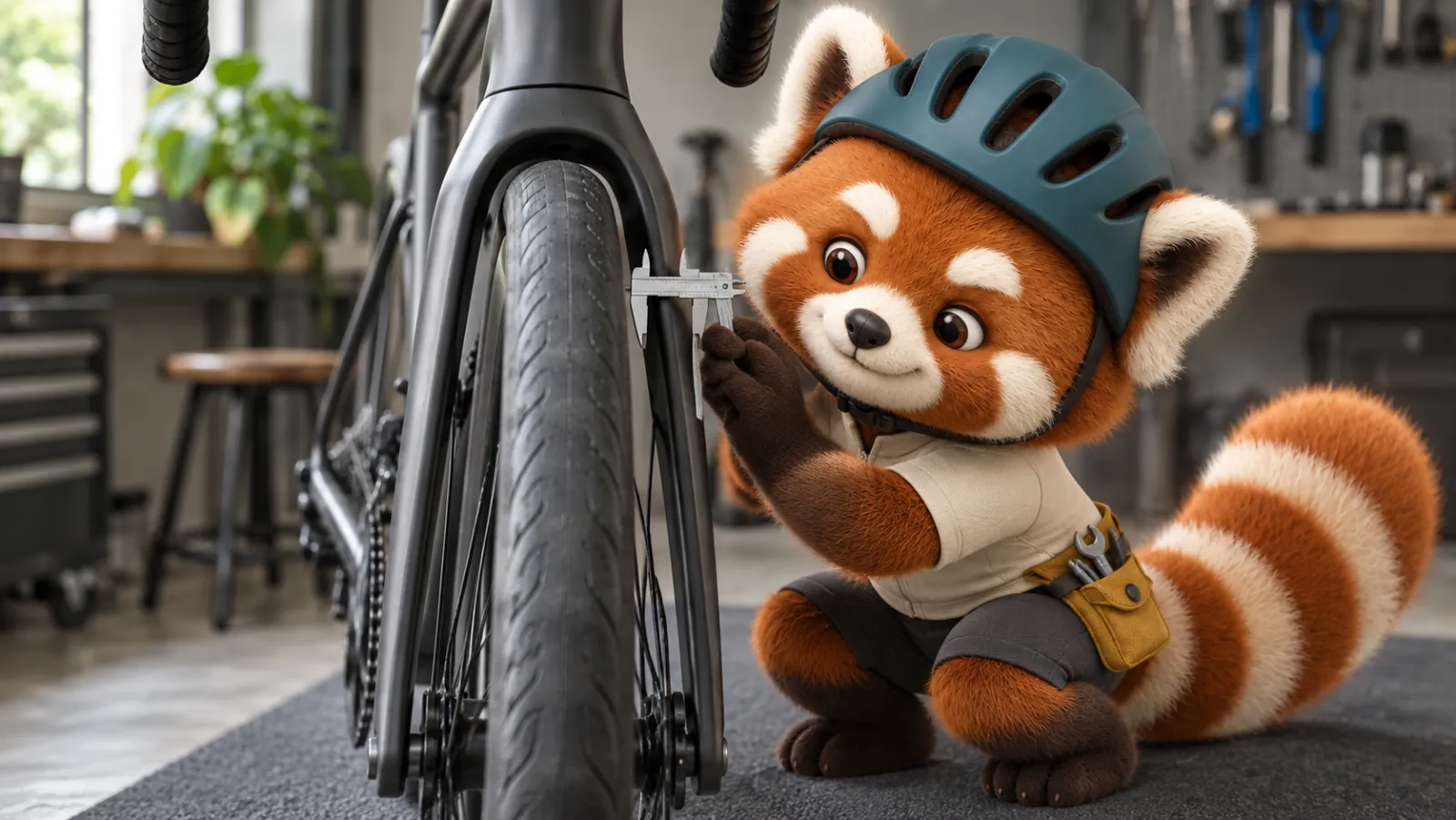 A red panda mechanic uses calipers beside a bicycle’s front tire and fork in a workshop.