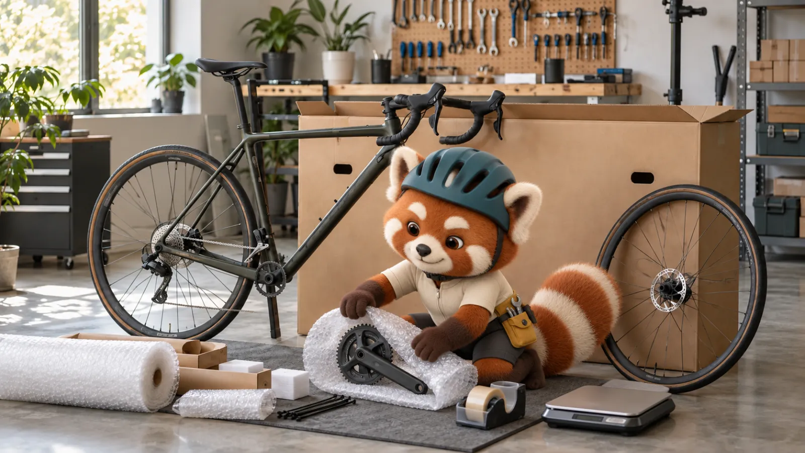 A red panda carefully wraps a bicycle component beside a bike shipping box and parcel scale.