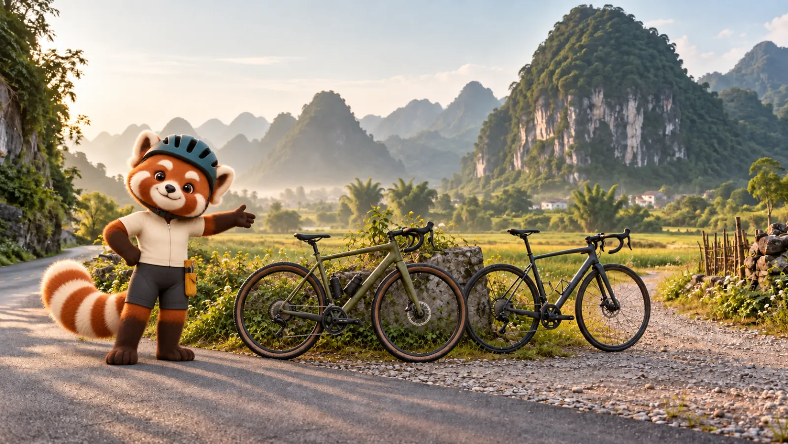 A red panda cycling guide welcomes riders beside two bikes in a sunlit karst landscape.