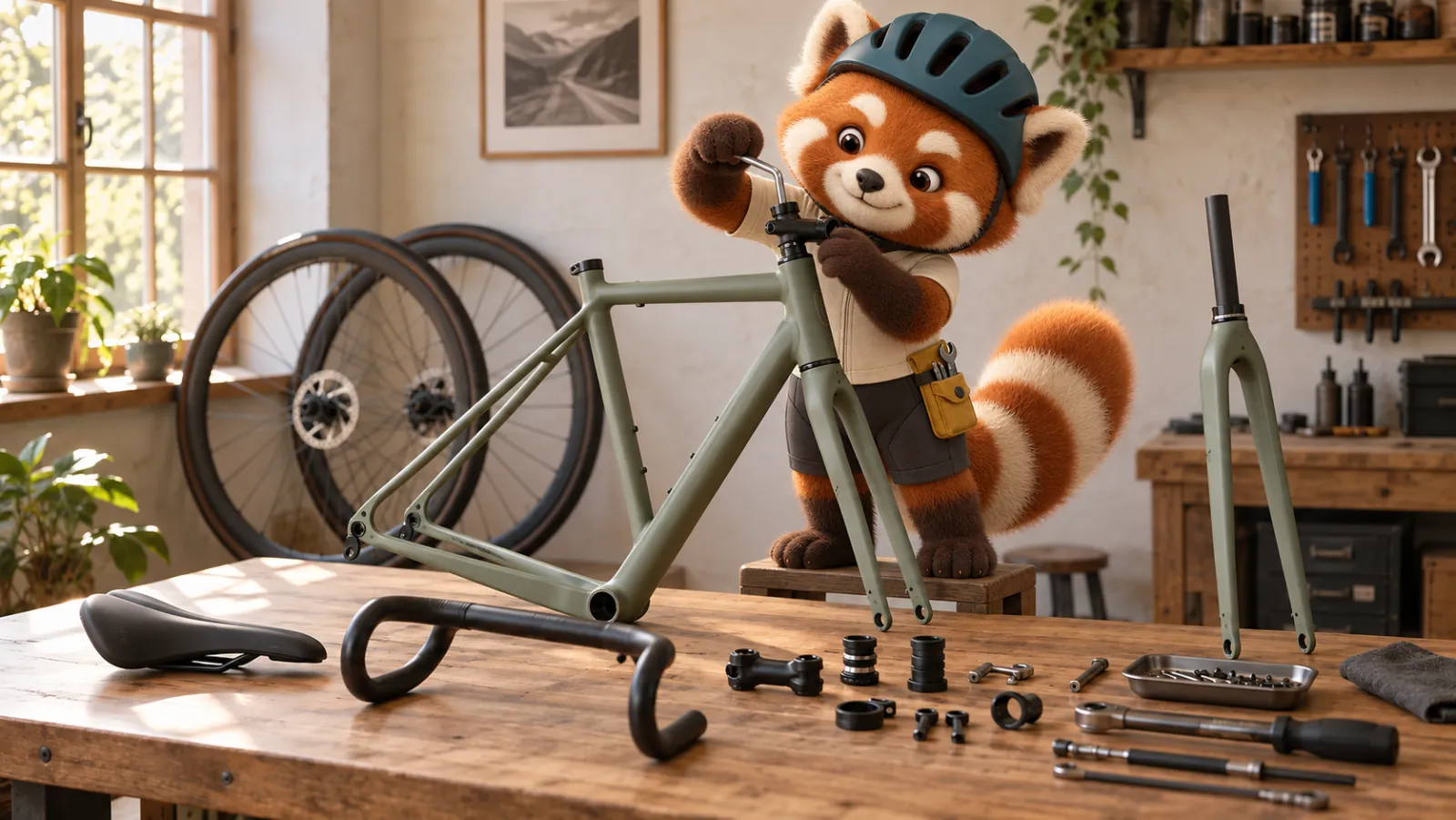 A red panda mechanic assembles an olive bicycle frame at a workbench with wheels and components.