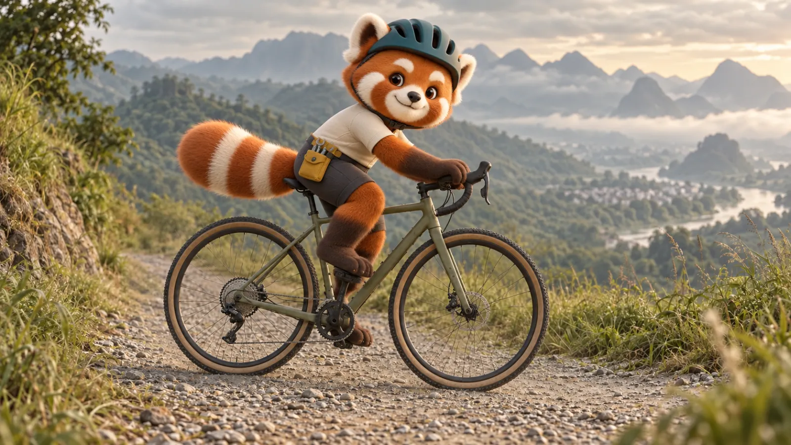 A helmeted red panda rides an olive gravel bike along a stony trail above misty hills.