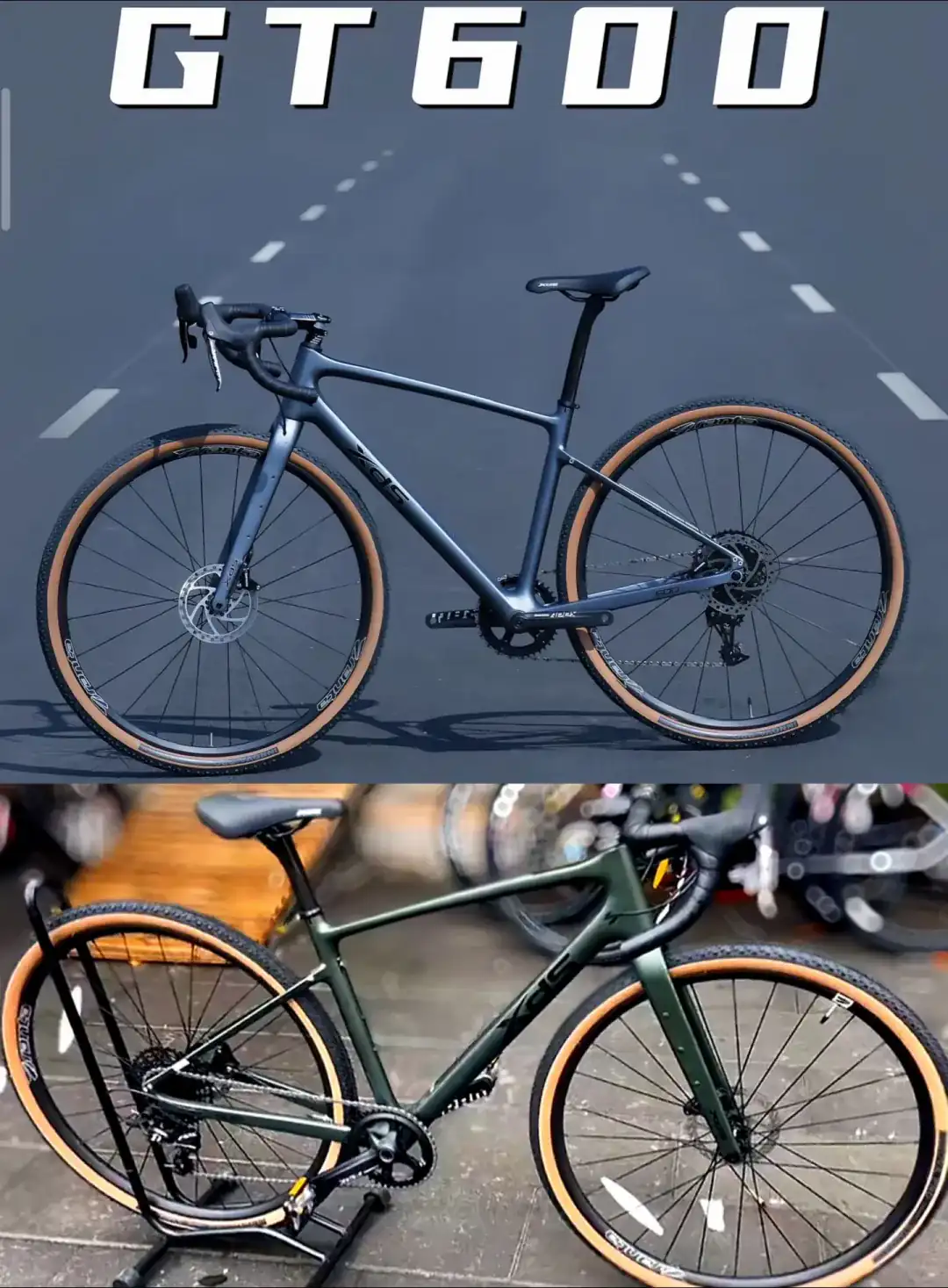 Quoted public-post collage showing two XDS GT600 gravel bikes with 700×40C tan-wall tires